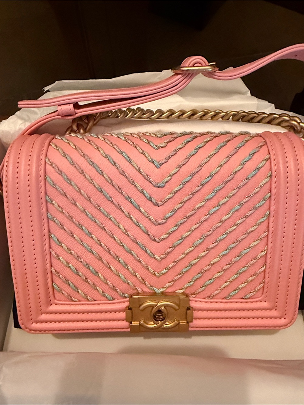 RARE ! Limited Edition Pink Quilted Chain Shoulder / belt Bag with Gold Hardware